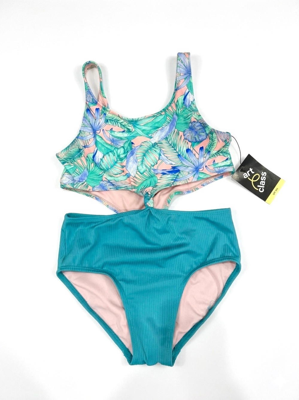 NWT art class Girl’s Teal & Tropical Leaf One Piece Swim suit